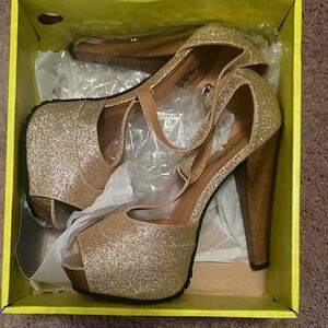 Charlotte Russe Gold Glitter Platform Peep-Toe Heels with Ankle Strap
